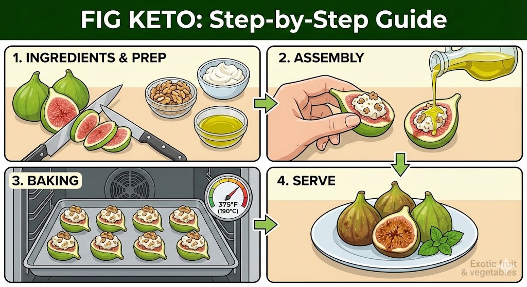 This infographic provides a step-by-step guide for preparing a "Fig Keto" dish, likely focusing on a recipe for baked, stuffed figs that adheres to ketogenic diet principles (using high-fat, low-carb ingredients)