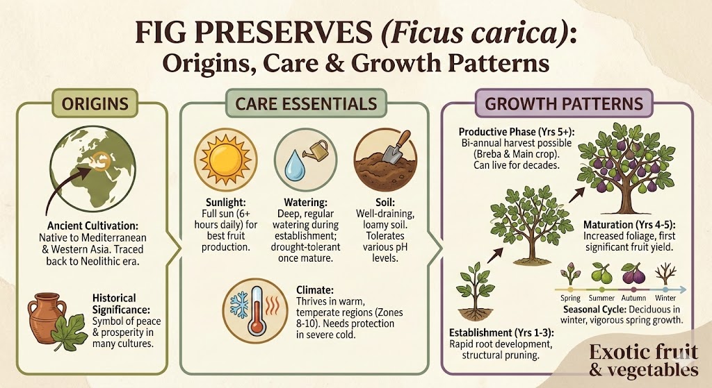 This visual guide breaks down the essential aspects of the Fig tree (Ficus carica), the source of fruit for fig preserves
