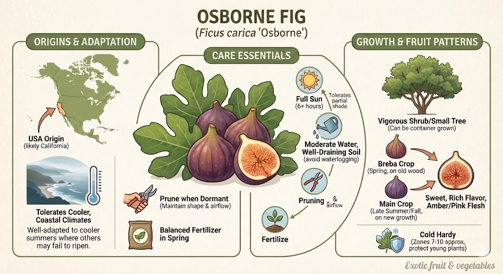 This image is a detailed infographic focusing on the Osborne Fig (Ficus carica 'Osborne')